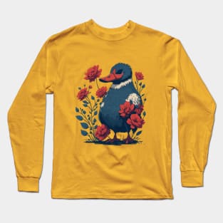 Duck With Red Flowers Long Sleeve T-Shirt